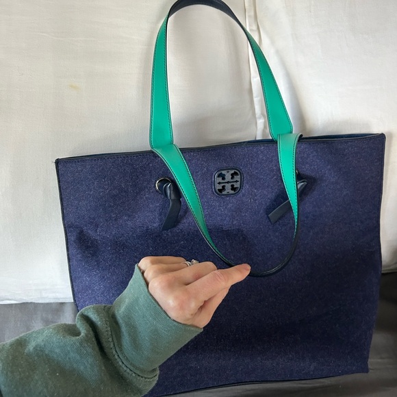 Tory Burch Navy and Teal Felt Colorblock Tote Bag - Picture 1 of 10